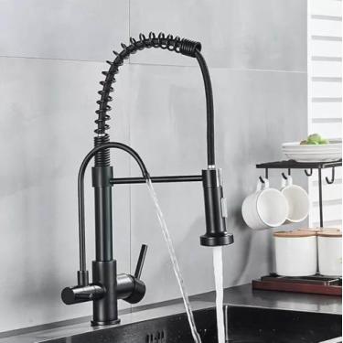 Imagem de Torneira de cozinha cromada com filtro giratório, dispositivo de água pura, misturador de água quente e fria, torneira de cozinha com mola, instalação de deck, preto fosco B