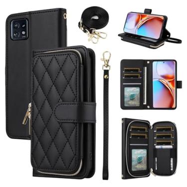 Imagem de Furiet Argyle Capa carteira para Motorola Edge+ Plus 2023/Edge 40 Pro 5G/Moto X40 com alça de pulso, 9+ compartimentos para cartões, bolsa com zíper, capa de celular de couro PU de luxo para X + preta