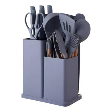 Imagem de Kit 19 Peças Utensilios Cozinha Silicone Com Facas Antiaderente Cabo De Madeira Tratada Kit Com Colher Concha Espatula Pegador Tesoura Tabua - Jogo Completo Premium. (Cinza)