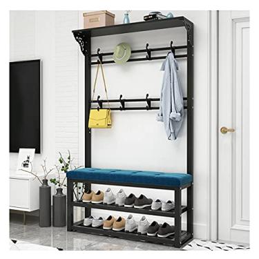 Imagem de Cabideiro, sapato, corredor, banco de armazenamento de árvores, design 3 em 1, organizador de armazenamento de entrada com banco de 2 níveis e armazenamento de sapatos, 2 fileiras de ganchos para