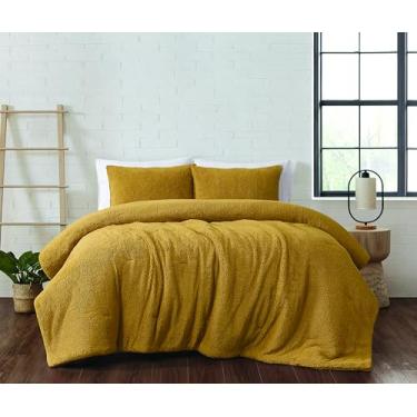 Imagem de Brooklyn Loom Conjunto de edredom casal/queen Marshmallow sherpa mostarda, 3 peças, tema de cor sólida, certificado Oeko-TEX Confidence