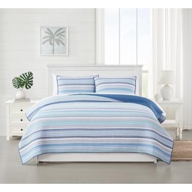 Imagem de Oceanfront Resort Clearwater Conjunto de colcha casal/queen com listras de fio tingido listrado, tema costeiro e náutico, confiança certificada Oeko-TEX