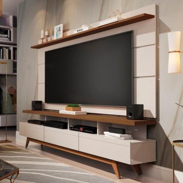 Imagem de Rack com Painel para TV Até 72 Polegadas Vivare Wood 3 Gavetas Off White/Freijó - Giga Móveis