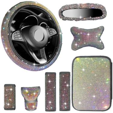 Imagem de MINGZAIQIPEI Conjunto de 8 peças de acessórios de carro brilhantes, capa de volante de 38 cm, decoração universal para mulheres, capa de espelho retrovisor brilhante, encosto de cabeça de carro