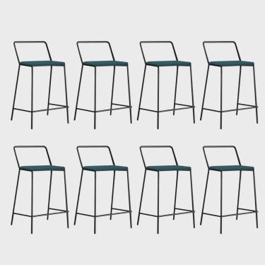 Imagem de Kit 08 Banqueta Alta Com Encosto Mili Industrial Cozinha Bistrô Ferro Preto Sintético Azul Turquesa - Ahz Móveis
