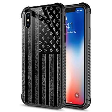 Imagem de ZHEGAILIAN Capa compatível com iPhone XR, capa preta e branca com bandeira americana, parte traseira de vidro temperado + capa protetora de TPU de silicone macio para iPhone XR.