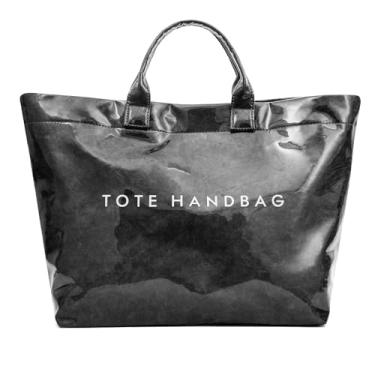 Imagem de ALUSBELL Bolsa grande de PVC para mulheres com impressão de letras, bolsa de ombro de papel kraft, bolsa de ombro transparente Hobo para carregar todas as bolsas, Preto