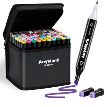 Imagem de AnyMark marcadores de álcool, conjunto com 80 cores, pontas duplas cinzel e fina, marcadores artísticos para desenho, esboço, adultos e crianças, tinta à base de álcool, estojo preto