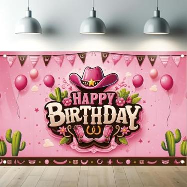 Imagem de Starlit Patio Faixa de fundo de aniversário de vaqueira rosa 188 x 109 cm, decorações de festa ocidental, meninas, caubói, rústico, campo, fotos, boias, chapéu de aniversário
