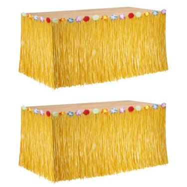 Imagem de Saia de mesa com 2 peças, saia de mesa havaiana para decoração de festa havaiana 76 cm x 2,5 m com flores de hibisco palha amarela saia de festa para festa temática havaiana de luau