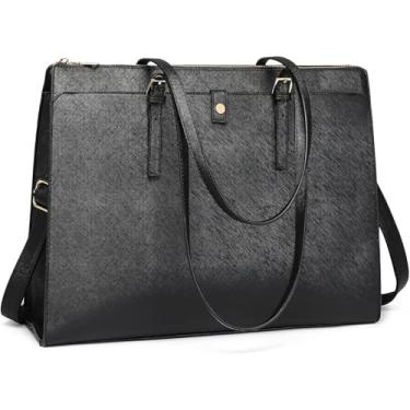 Imagem de Bolsa feminina de couro para laptop de 15,6 polegadas pasta de computador - impermeável grande capacidade elegante bolsa de negócios para trabalho - preta, Preto, Large, Elegante