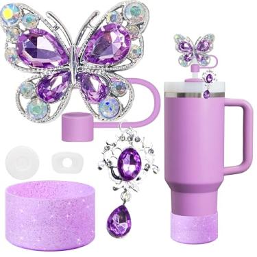 Imagem de Acessórios para copo Stanley, corrente de borboleta para Stumbler com alça, bota de silicone e capas de canudo decoração de coisas garrafa de água joias copo personalizado decoração etiqueta (roxo