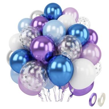 Imagem de 100PCS 12 inch blue and purple snowflake balloons, metallic purple blue silver and white balloons with ribbons, suitable for girls' birthday frozen themed items baby bath party decoration