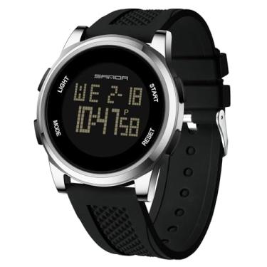 Imagem de RORIOS Relógio eletrônico simples masculino digital multifuncional esportivo relógio de pulso casual à prova d'água com pulseira de silicone para meninos e estudantes, Preto e prata A, L, Relógio