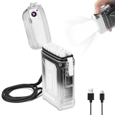 Imagem de LYPOBALA Isqueiro elétrico, capa à prova d'água com isqueiro recarregável por USB, lanterna de LED, isqueiro de plasma à prova de vento, isqueiros de arco duplo sem chama para sobrevivência de