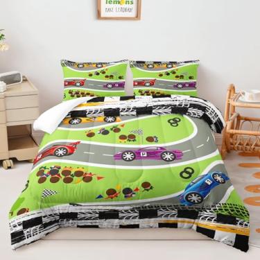 Imagem de AILONEN Conjunto de edredom infantil colorido de carro de corrida, roupa de cama casal de construção, decoração de desenho animado, edredom macio + 2 fronhas, 3 peças