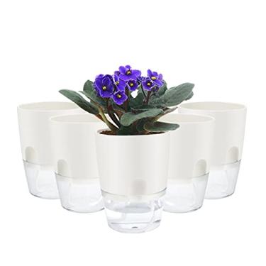 Imagem de ShineMe Vasos autoirrigáveis, pacote com 5 vasos de plantas autoirrigáveis para plantas de interior, vasos de plantas e flores de plástico de 10,4 cm para violetas africanas, ervas, Aloe, lírio da paz com corda de algodão absorvente