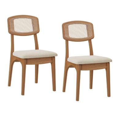 Imagem de Kit 2 Cadeiras em MDF Freijó Assento Estofado Tweed Liso Claro Encosto com Tela Dalla Costa