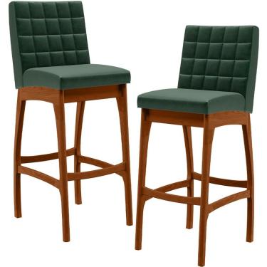 Imagem de Kit 2 Banquetas Altas Mila L02 Madeira Eucalipto Assento Estofado Plástico Verde musgo Lyam Decor