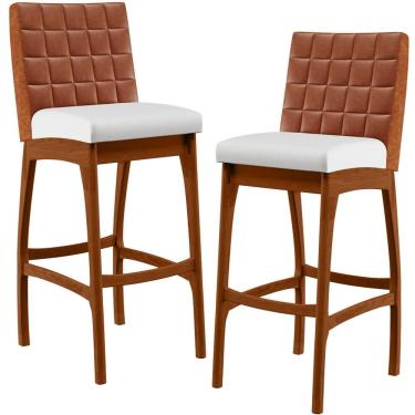 Imagem de Kit 2 Banquetas Altas Mila B04 Madeira Assento Couro Sintético Camel e Branco Lyam Decor