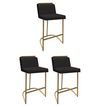 Imagem de Kit 03 Banquetas Com Encosto Confort Bistrô Cozinha Ferro Dourado Suede Preto Amey Decor