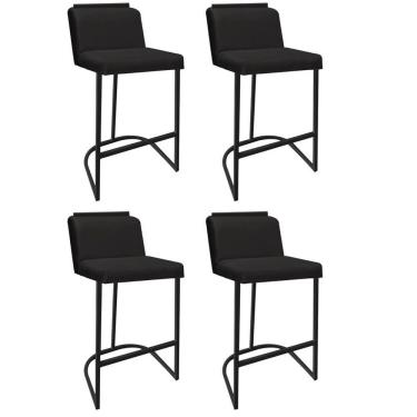 Imagem de Kit 04 Banquetas Com Encosto Nynna Luxo Confort Bistrô Cozinha Ferro Preto Suede Preto - Amey Decor