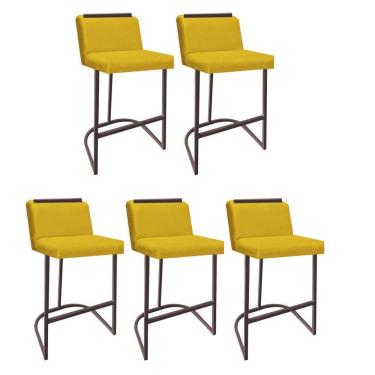 Imagem de Kit 05 Banquetas Com Encosto Confort Bistrô Cozinha Ferro Marrom Sintético Amarelo Amey Decor