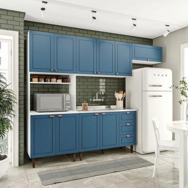 Imagem de Cozinha Pérola Com 4 Peças Paneleiro/torre Quente Aéreo 3 Portas Balcão 120 E Basculante Yescasa Branco/azul