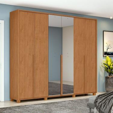 Imagem de Guarda-roupa 6 Portas 4 Gavetas 100% Mdf Com Espelho E Pés Style Amêndoa Clean