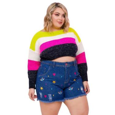 Imagem de Shorts Jeans Plus Bordado Olhos Coloridos - Bella Jeans, Azul royal