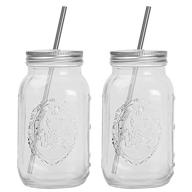 Imagem de Smoothie Cups, pote de vidro Mason, copos de 473 ml com tampa e canudo de aço inoxidável, frascos de conserva de boca regular, canecas de chá, caneca de viagem, ideal para suco, leite (pacote com 2, t