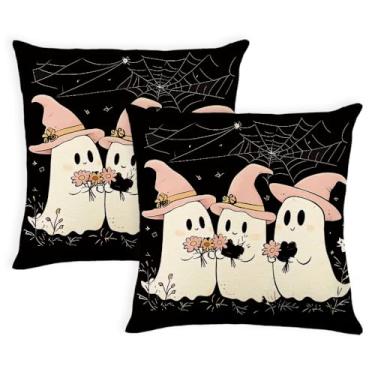 Imagem de MAZSHTTD Capas de travesseiro de Halloween 40,6 x 40,6 cm conjunto de 2 capas de travesseiro rosa fofo fantasma preto decoração interna externa para sofá cama sala de estar decoração de Halloween