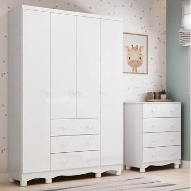 Imagem de Quarto Infantil com Guarda-roupa 4 Portas e Cômoda 4 Gavetas 100% Mdf 