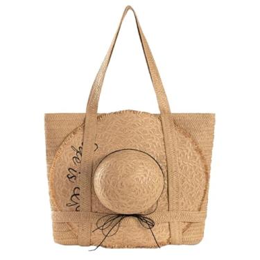 Imagem de SKYK Bolsa de praia de palha para mulheres - Bolsa de praia de verão com suporte para chapéu e chapéu de sol - Sacolas grandes de viagem com zíper