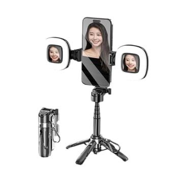 Imagem de Mini bastão de selfie, moldura estável de quatro cantos, com luz de preenchimento, pode girar horizontal e verticalmente, moldura de dragão de metal reforçada, comprimento extensível de 40,6 cm (preto