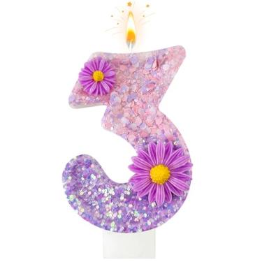 Imagem de Velas de aniversário de flor roxa, número 3, velas de aniversário para bolo, adequadas para festas de aniversário de desenho animado, decoração de bolos, aniversário de casamento e outros suprimentos