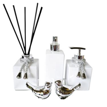Imagem de Lavabo luxo home spray saboneteira difusor e acessórios (Home spray cubo branco Prata)