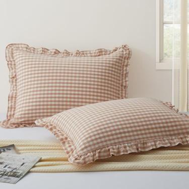 Imagem de KKJIAF 2 fronhas de travesseiro xadrez com babados, tamanho king, algodão lavado, guingão, babados, 50 x 91 cm, fronhas de cama xadrez com fecho de envelope para sofá-cama (xadrez rosa claro)