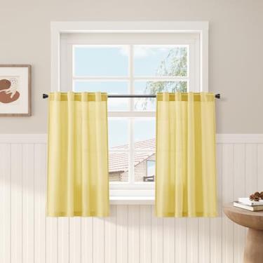 Imagem de Cortinas de linho amarelo para cozinha de linho 61 cm de comprimento, 2 painéis semitransparentes, filtro de luz, cortina de camada curta com bolso traseiro para varão, para janelas pequenas, café