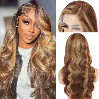 Imagem de Boumon Peruca frontal frontal ombré de cabelo humano pré-arrancado com cabelo de bebê 33 x 10 perucas frontais onduladas corporais cabelo humano 200% densidade 4/27 peruca frontal loiro mel colorido