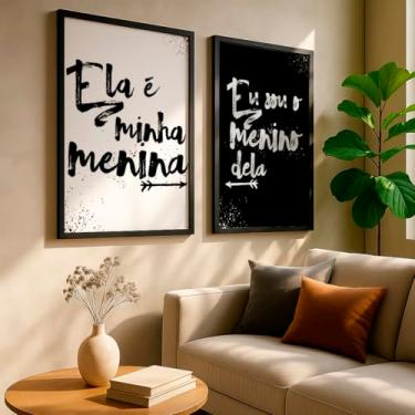 Imagem de Kit 2 Quadros Decorativos Frases Casal Amor Preto Branco Contraste Moderno Quarto Romântico Com Moldura