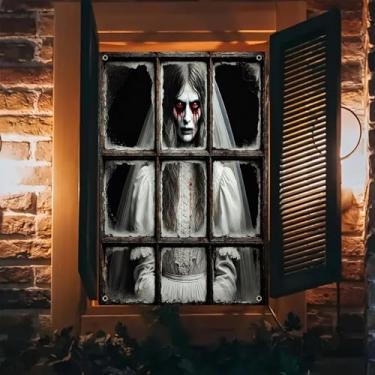 Imagem de BlissYard Banner de janela de Halloween 78 x 129 cm decoração fantasma noiva assustadora cenário de janela para ambientes internos e externos para decoração de festa em casa assombrada
