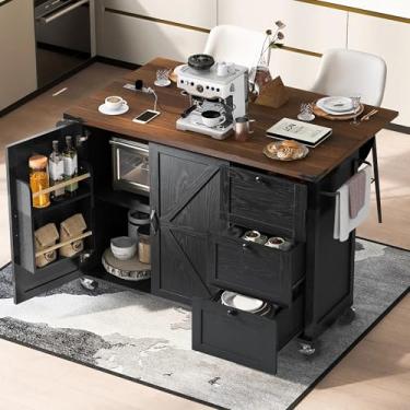 Imagem de Ilha de armazenamento móvel de cozinha, carrinho de armazenamento com rodinhas estilo casa de fazenda de 138 cm com bancada de folhas de gota, estação de carregamento, armário, gavetas, temperos e