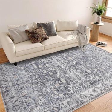 Imagem de ESSMOKO Tapetes tapete turco persa para casa, sala de estar, quarto, mesinha de cabeceira, lavável à máquina, vários tamanhos, padrão azul retro, 90 x 150 cm