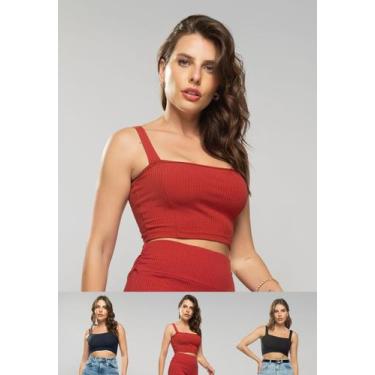 Imagem de Kit 3 Croppeds Top Faixa Comfy Malha Canelada Telha, Preto e Azul Mari