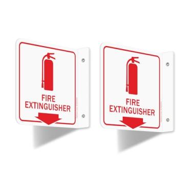 Imagem de Faittoo Placa de extintor de incêndio, pacote com 2 extintores de incêndio com seta para baixo - plástico acrílico de 15 x 15 cm, 2 furos pré-perfurados, inclui parafusos correspondentes, fácil de