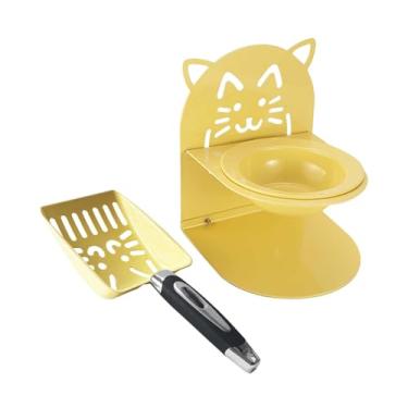 Imagem de IEUDNS Pá para areia de gato, tigela elevada ergonômica para gatos domésticos, peneira para cocô de gatinho, tigela de comida com suporte para uso ao, Amarelo
