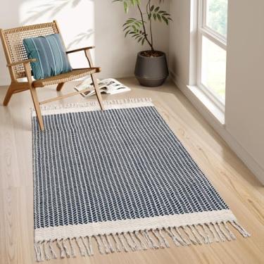 Imagem de Lahome Tapete Boho 3x5, Tapete de Cozinha e Quarto, Azul Marinho e Branco, Espinha de Peixe, Lavável, Resistente à Mancha, 3' x 5' (91.44 cm x 152.4 cm)