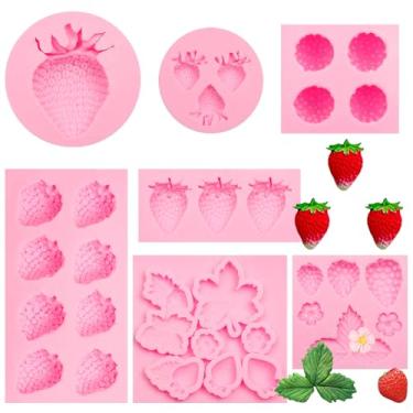 Imagem de Moldes de silicone para fondant de morango, conjunto de 7 peças de formas de cozimento com flores e folhas, para decoração de bolos, enfeite de cupcake doces, chocolate, argila DIY, artesanato, rosa