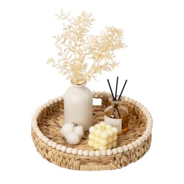 Imagem de StorageWorks Bandeja redonda decorativa, bandeja de mesa de centro de jacinto de água com alças embutidas e contas de madeira, cesta de vime boho para decoração de casa